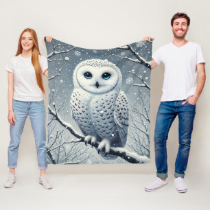Snowy Owl Perched on Winter Branch Fleece Blanket