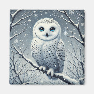 Snowy Owl Perched on Winter Branch Wildlife  Magnet