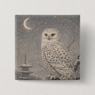 Snowy Owl Pin Badge, Japanese Moon Pagoda Wildlife