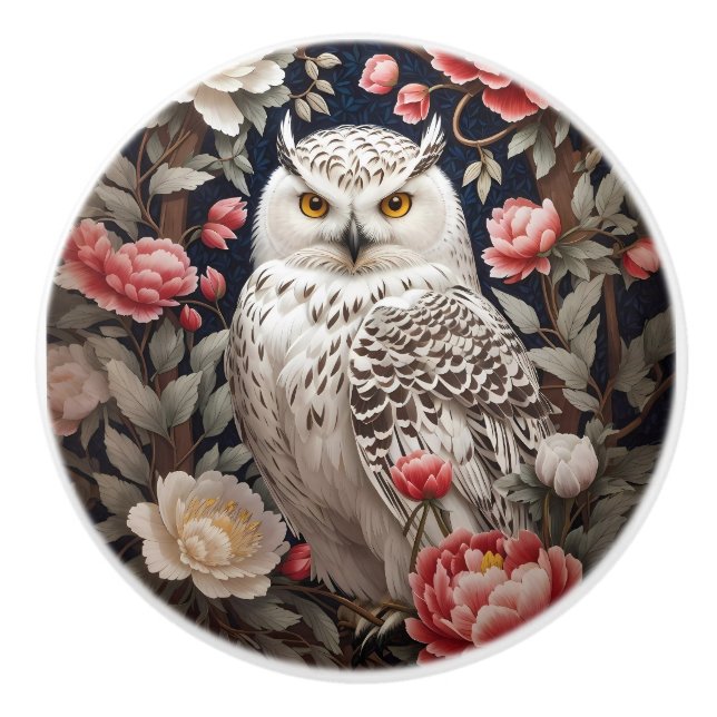 Snowy Owl Pink Peony Flowers Ceramic Knob (Front)