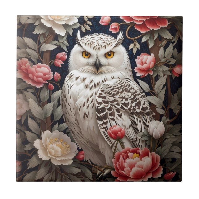 Snowy Owl Pink Peony Flowers Tile (Front)