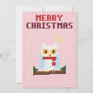 Snowy Owl Pink Pixel Art Christmas Card
