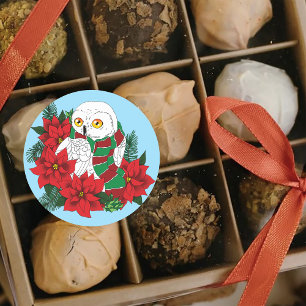 Snowy Owl Red Poinsettias Christmas Classic Round Sticker