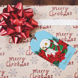 Snowy Owl Red Poinsettias Christmas Gift Tags