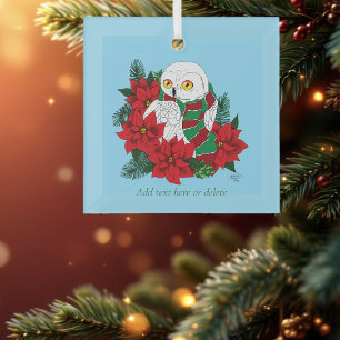 Snowy Owl Red Poinsettias Christmas Glass Tree Decoration