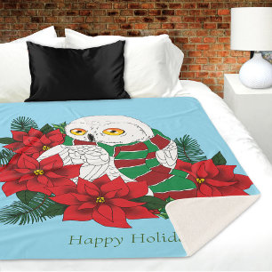 Snowy Owl Red Poinsettias Christmas Sherpa Blanket