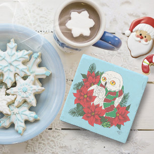 Snowy Owl Red Poinsettias Christmas Stone Coaster