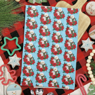 Snowy Owl Red Poinsettias Christmas Tea Towel