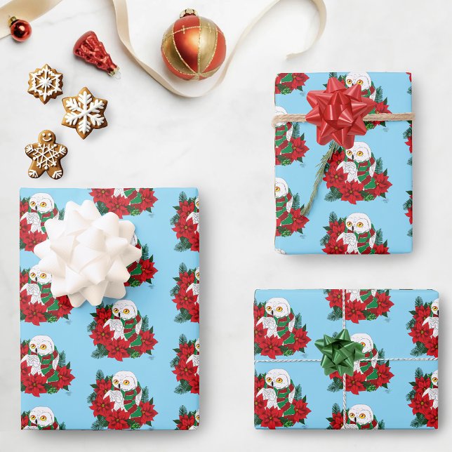 Snowy Owl Red Poinsettias Christmas Wrapping Paper Sheet (Creator Uploaded)
