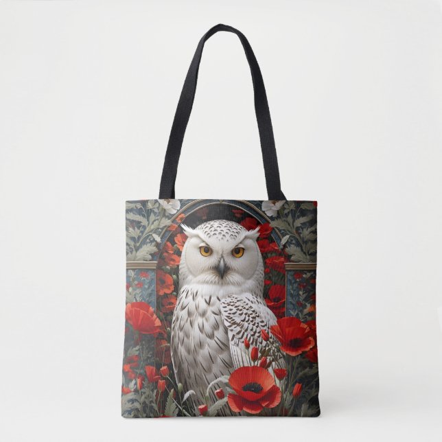 Snowy Owl Red Poppy Flowers Tote Bag (Front)