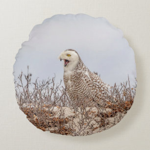 Snowy owl sitting on the beach round cushion