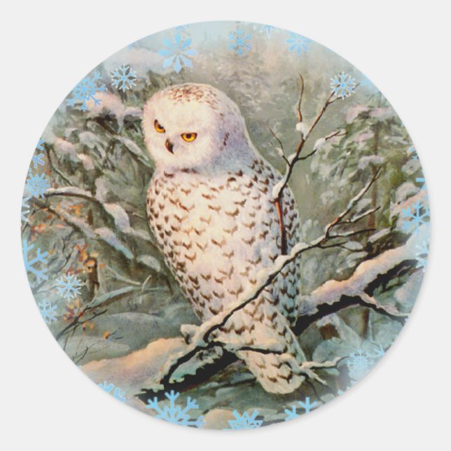 SNOWY OWL & SNOWFLAKES by SHARON SHARPE Classic Round Sticker (Front)