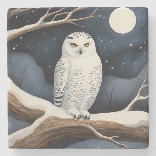 Snowy Owl Stone Coaster (Front)