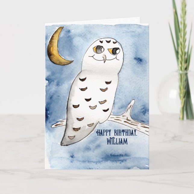 Snowy Owl Watercolor Personalised Birthday Card (Front)