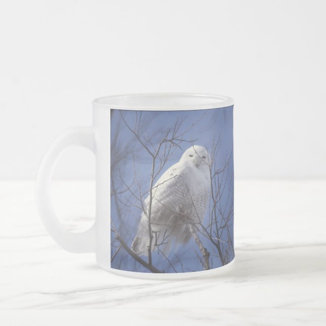 Snowy Owl - White Bird against a Sapphire Blue Sky Frosted Glass Coffee Mug (Left)