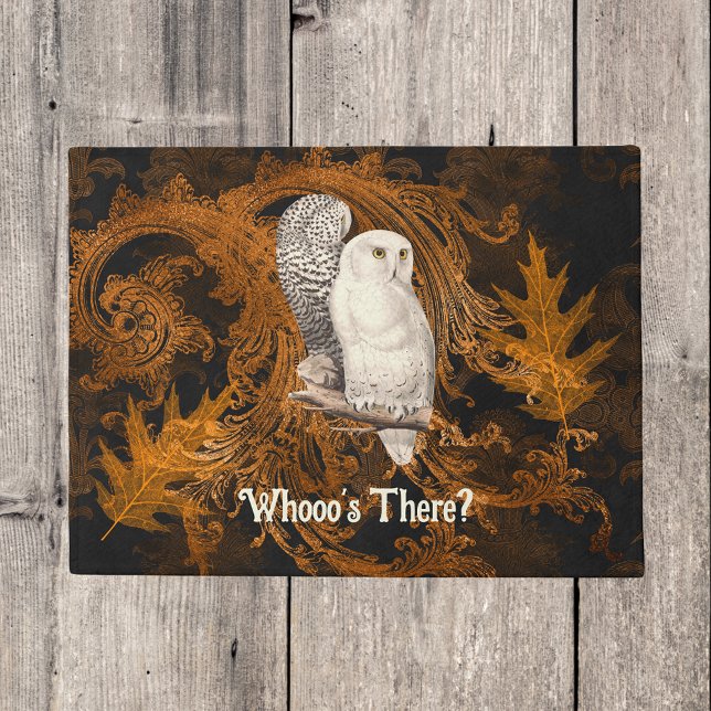 Snowy Owl Who's There Orange Damask Halloween Doormat (Creator Uploaded)