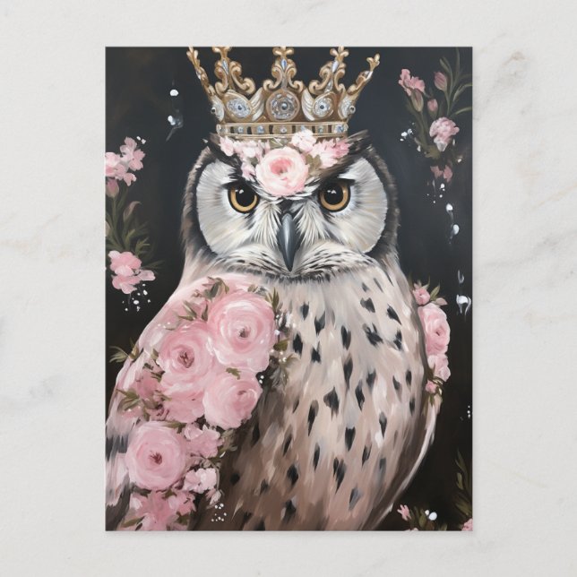 Snowy Owl With a Golden Crown and Pink Flowers Postcard (Front)