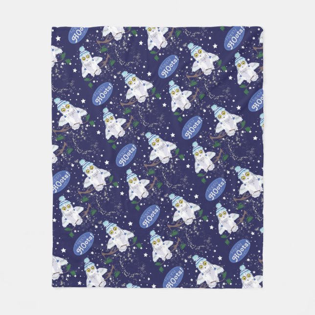 Snowy Owl with Hat Happy Hoots Pattern Christmas  Fleece Blanket (Front)