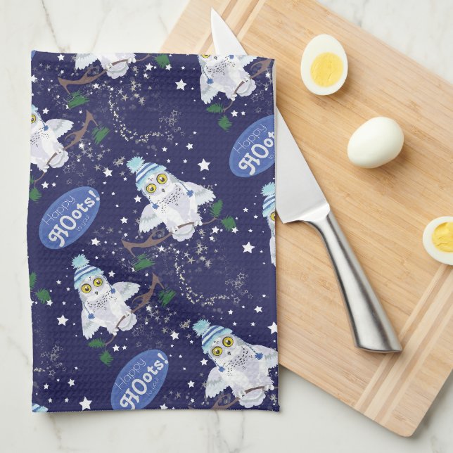 Snowy Owl with Hat Happy Hoots Pattern Christmas   Tea Towel (Quarter Fold)