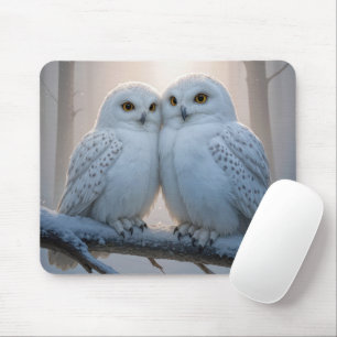 Snowy Owls On a Winter Branch Mouse Mat