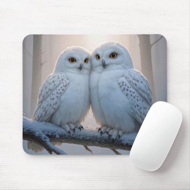Snowy Owls On a Winter Branch Mouse Mat (With Mouse)