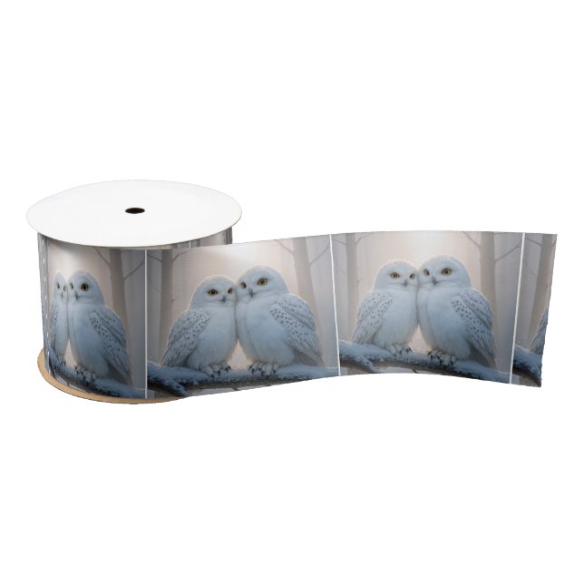 Snowy Owls On a Winter Branch Satin Ribbon (Spool)