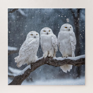 Snowy Owls On Tree Branch Jigsaw Puzzle