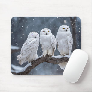 Snowy Owls On Tree Branch Mouse Mat