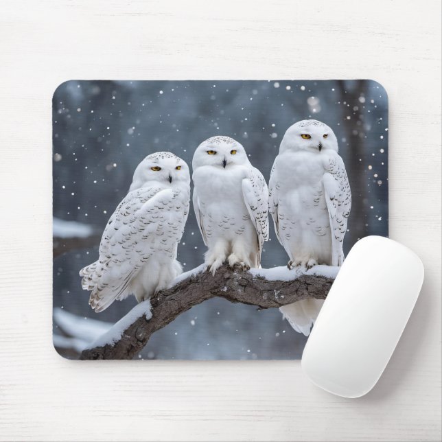 Snowy Owls On Tree Branch Mouse Mat (With Mouse)