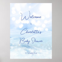 Snowy pastel blue bokeh winter baby shower welcome