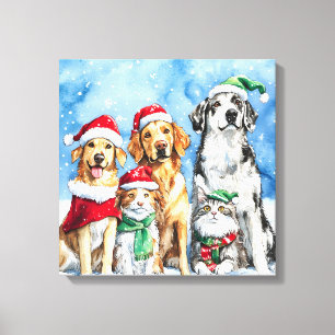Snowy Paws Festive Cute Christmas Pets Watercolor Canvas Print