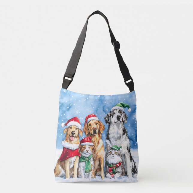 Snowy Paws Festive Cute Christmas Pets Watercolor Crossbody Bag (Front)