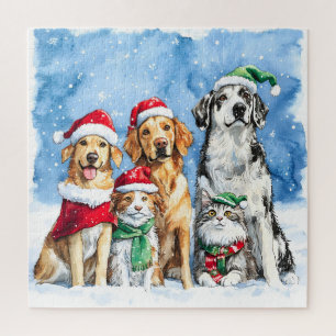 Snowy Paws Festive Cute Christmas Pets Watercolor Jigsaw Puzzle