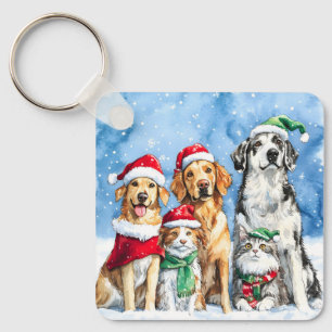 Snowy Paws Festive Cute Christmas Pets Watercolor Key Ring