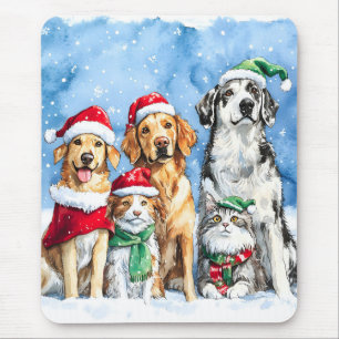 Snowy Paws Festive Cute Christmas Pets Watercolor Mouse Mat