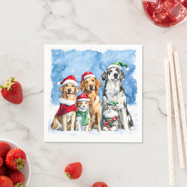 Snowy Paws Festive Cute Christmas Pets Watercolor Napkin (Insitu)