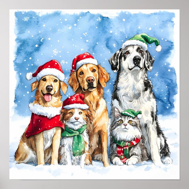 Snowy Paws Festive Cute Christmas Pets Watercolor Poster (Front)