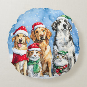 Snowy Paws Festive Cute Christmas Pets Watercolor Round Cushion