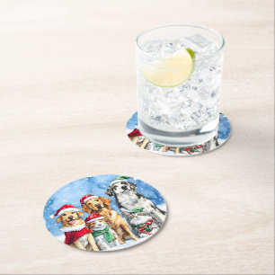 Snowy Paws Festive Cute Christmas Pets Watercolor Round Paper Coaster