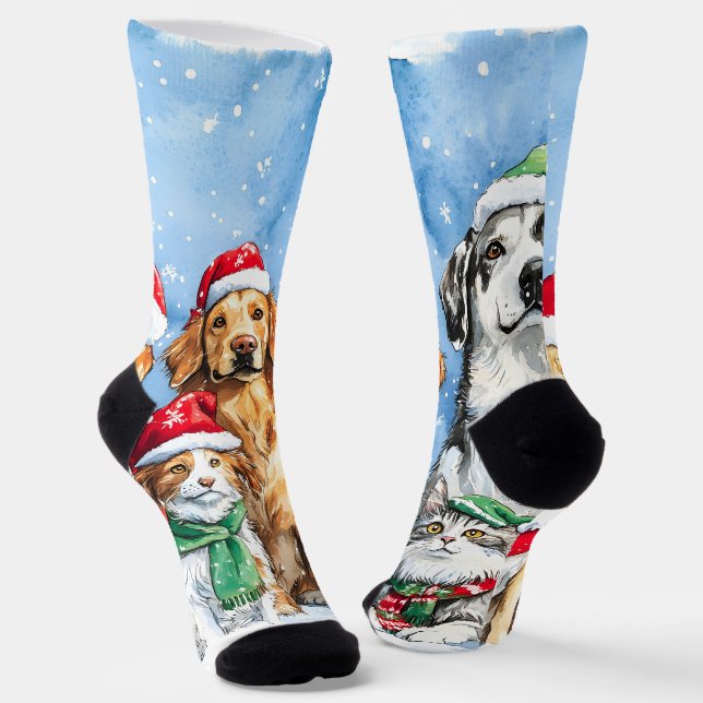 Snowy Paws Festive Cute Christmas Pets Watercolor Socks (Angled)