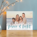 Snowy Peace | Hanukkah Photo Holiday Card<br><div class="desc">Modern Hanukkah photo cards feature your favourite image with a white snowflake border along the bottom. "Peace and light" appears in aqua hand lettered brush typography,  with your names and the year beneath.</div>