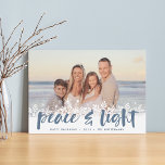 Snowy Peace | Hanukkah Photo Holiday Card<br><div class="desc">Modern Hanukkah photo cards feature your favourite image with a white snowflake border along the bottom. "Peace and light" appears in slate blue hand lettered brush typography,  with your names and the year beneath.</div>