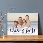 Snowy Peace | Hanukkah Photo Holiday Card<br><div class="desc">Modern Hanukkah photo cards feature your favourite image with a white snowflake border along the bottom. "Peace and light" appears in navy blue hand lettered brush typography,  with your names and the year beneath.</div>