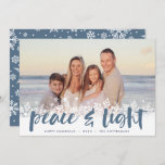 Snowy Peace | Hanukkah Photo Holiday Card<br><div class="desc">Modern Hanukkah photo cards feature your favourite image with a white snowflake border along the bottom. "Peace and light" appears in slate blue hand lettered brush typography,  with your names and the year beneath.</div>