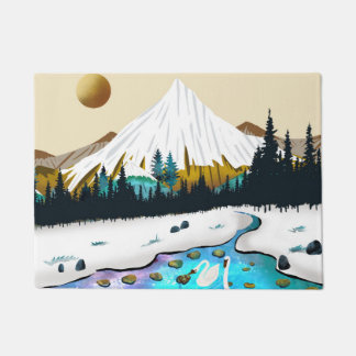 Snowy Peaks and Swan Lake, Tranquil Winter Landsca Doormat