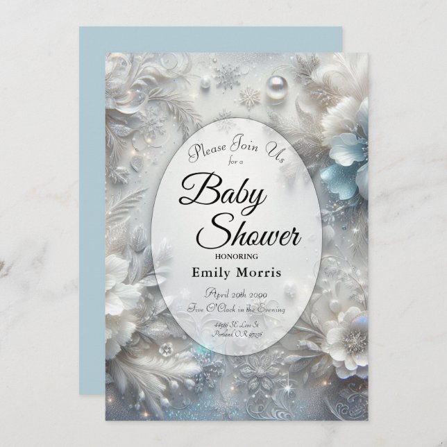 Snowy Petals in Frozen Bloom Baby Shower Invitation (Front/Back)