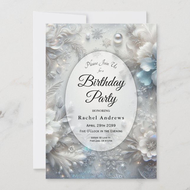 Snowy Petals in Frozen Bloom Birthday Party Invitation (Front)