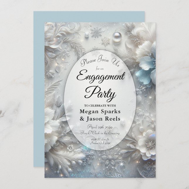 Snowy Petals in Frozen Bloom Engagement Party Invitation (Front/Back)