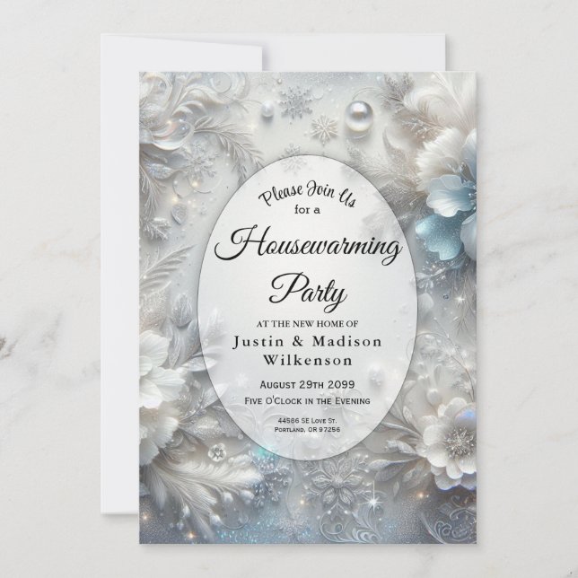Snowy Petals in Frozen Bloom Housewarming Party Invitation (Front)