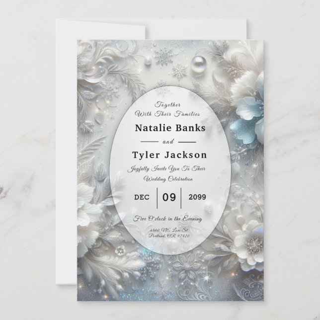 Snowy Petals in Frozen Bloom Wedding Invitation (Front)